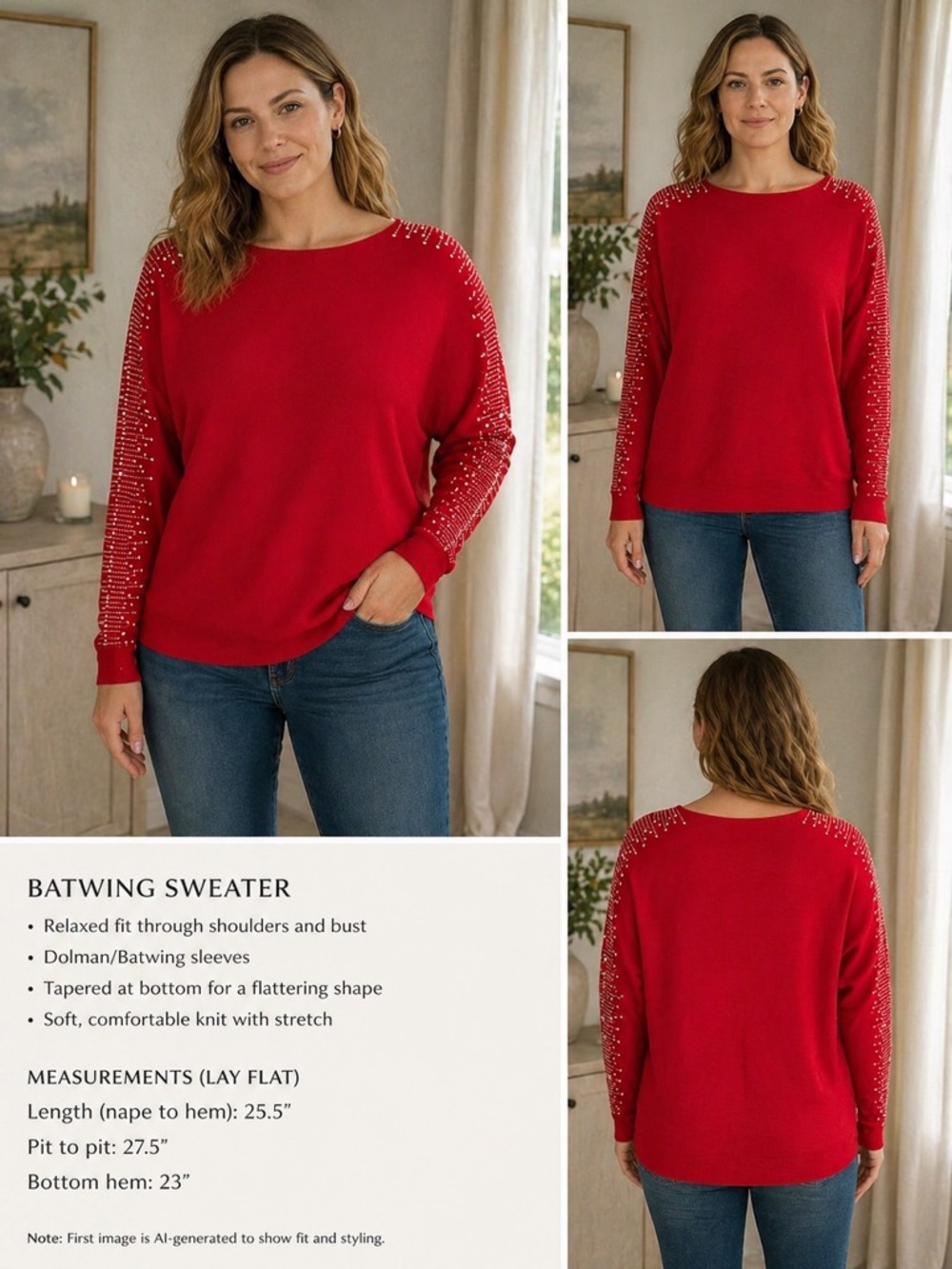 ❤️ Red Embellished Batwing Sweater | XL - Picture 2 of 13
